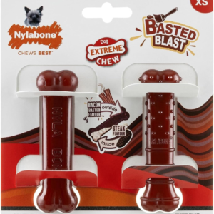 Pack of 2 Basted Blast Extreme Chewers Tough Nylon Dog Chew Toy Bone, Durable, Boredom Breaker, Cleans Teeth, Bacon and Steak Flavour, Extra Small, for Dogs 0-7Kg